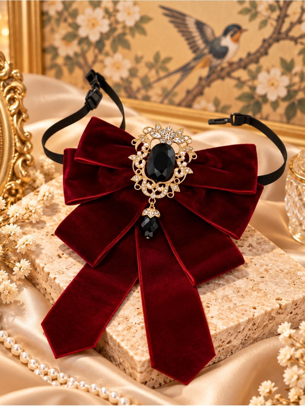 Burgundy Velvet Bow Tie Crystal Statement Neck Accessory Fifi Closet